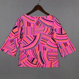 Fresh Produce 3/4 Sleeve Tunic Top Women Size XS Hot Pink Stripe Print Cotton